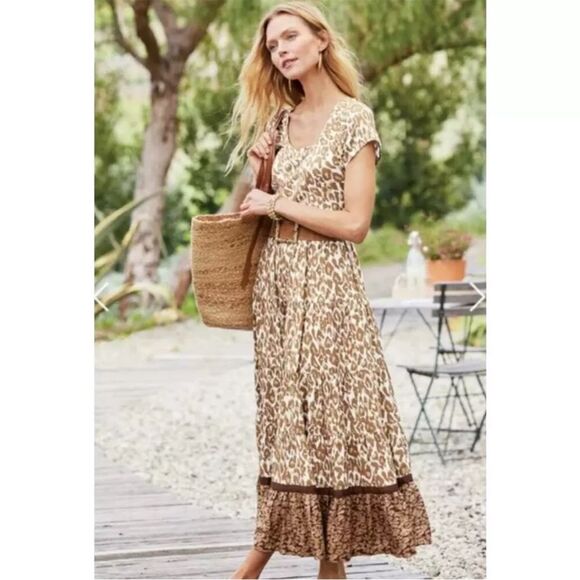 Soft Surroundings Kara Maxi Tiered Dress Size‎ L Leopard Print White Mocha Boho - Picture 1 of 11